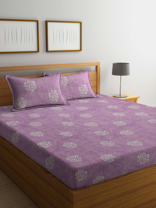 Klotthe Purple Floral 400 TC Pure Cotton Fitted Double Bedsheet with 2 Pillow Covers