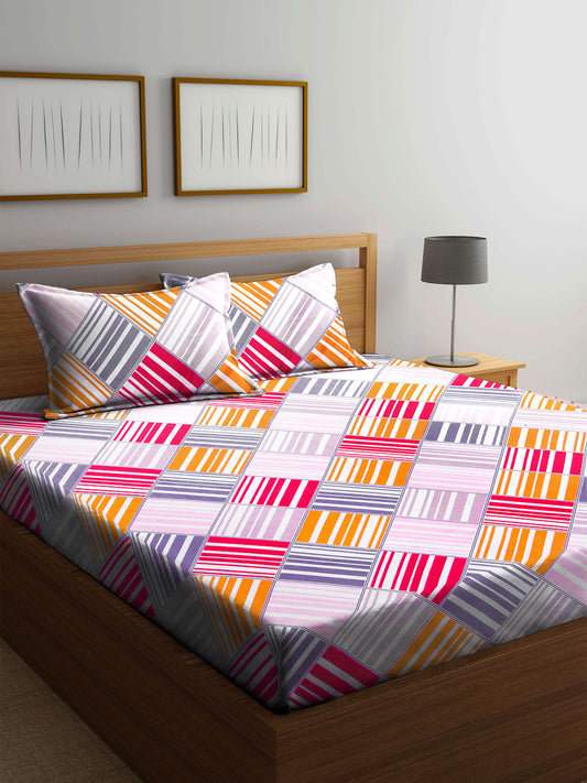 Klotthe Multi Geometric Cotton Blend Double Bed Sheet with 2 Pillow Covers