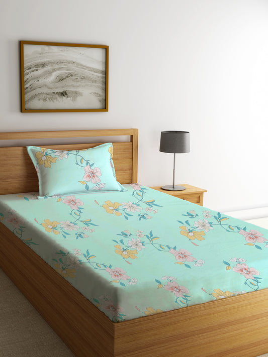 Klotthe Multi Floral 300 TC Cotton Blend Single Bedsheet with Pillow Cover