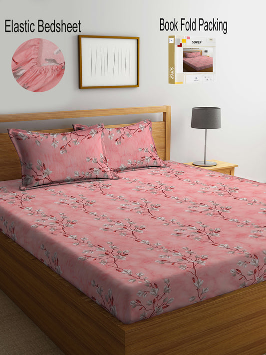 Klotthe Multicolor Floral 400 TC Pure Cotton Fitted Double Bedsheet Set in Book Fold Packing