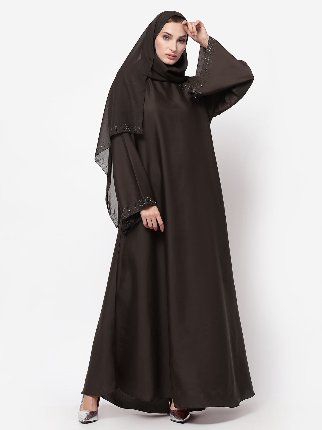 Klotthe Women Brown Embellished Burqa With Scarves