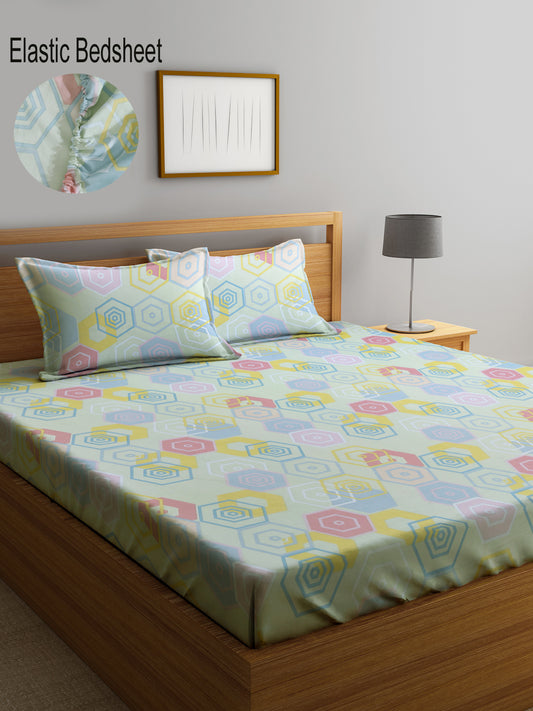 Klotthe Multicolor Geometric 300 TC Cotton Blend Fitted Double Bedsheet with 2 Pillow Covers