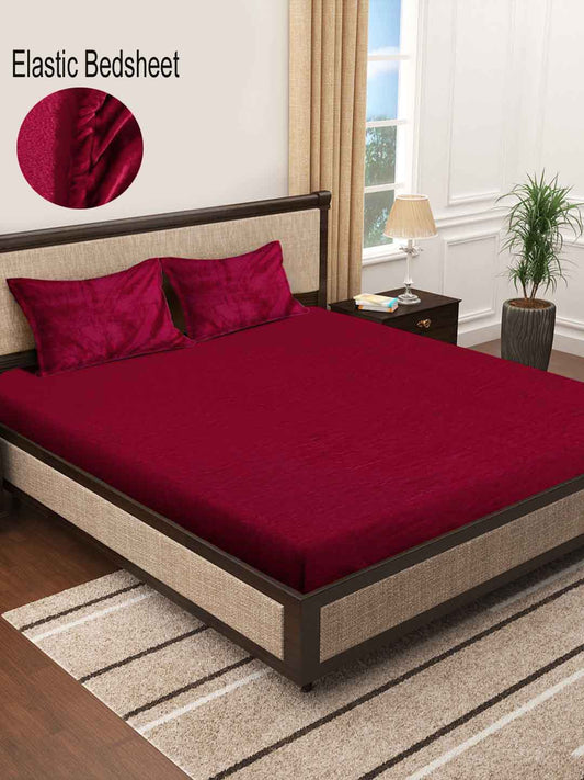 Klotthe Red Solid Woolen Fitted Double Bed Sheet with 2 Pillow Covers