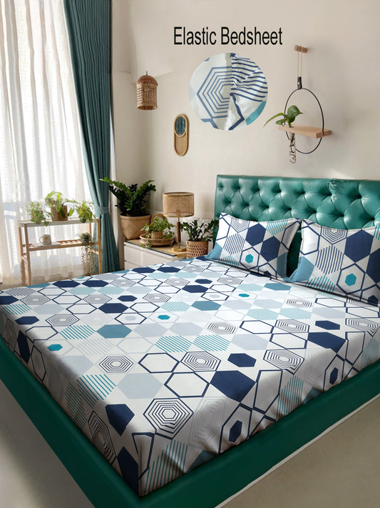 Klotthe Multicolor Geometric 300 TC Cotton Blend Fitted Double Bedsheet with 2 Pillow Covers