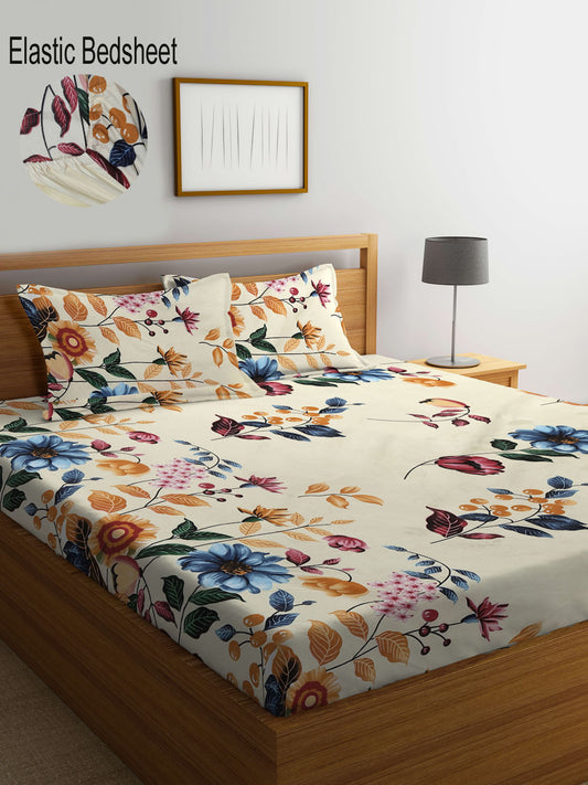 Klotthe Multi Floral 300 TC Cotton Blend Elasticated Double Bedsheet with 2 Pillow Covers