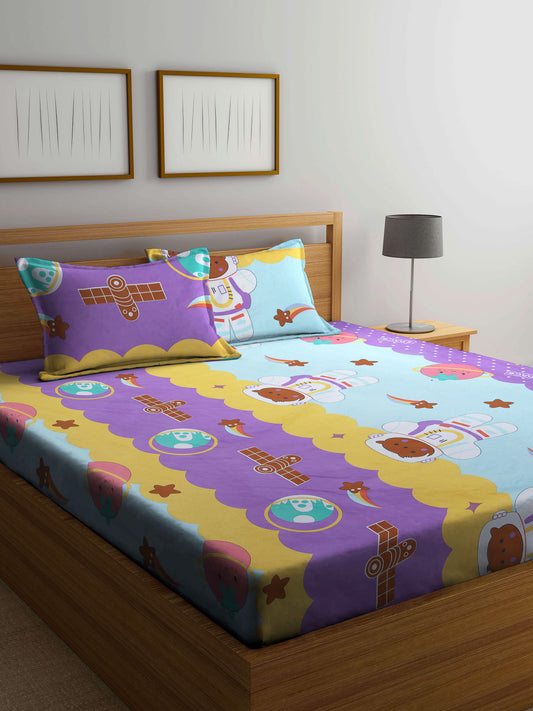 Klotthe Multicolor Cartoon Print Cotton Blend Elasticated Double BedSheet With 2 Pillow Covers