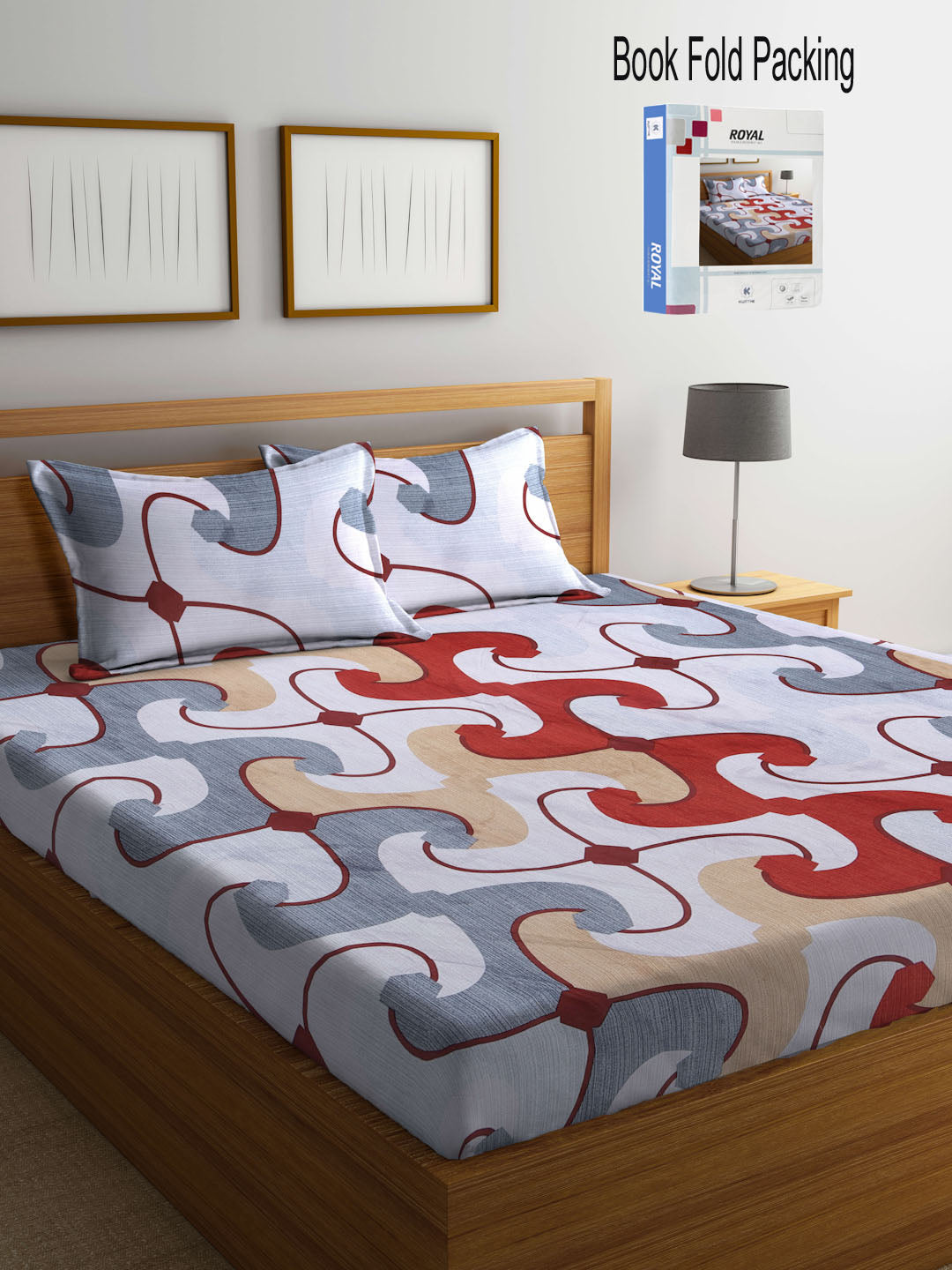 Klotthe Multi Abstract 300 TC Cotton Blend Double Bed Sheet with 2 Pillow Covers in Book Fold Packing