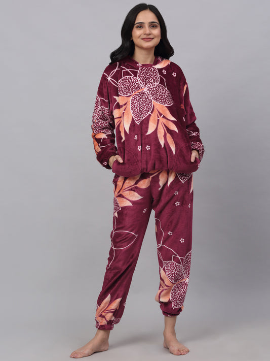 Klotthe Women MultiColor Printed Wool Blend Hooded Night Suit