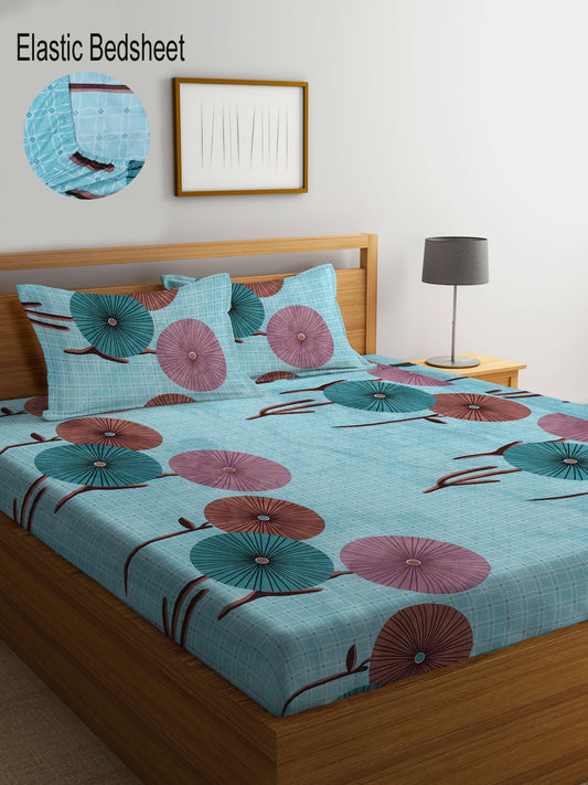 Klotthe Multi Floral 300 TC Cotton Blend Elasticated Double Bedsheet with 2 Pillow Covers