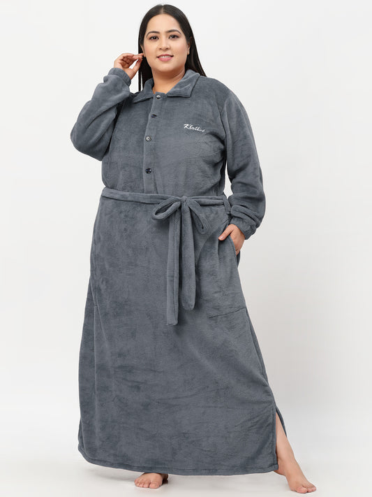 Klotthe Women Grey Solid Bath Robe With Belt