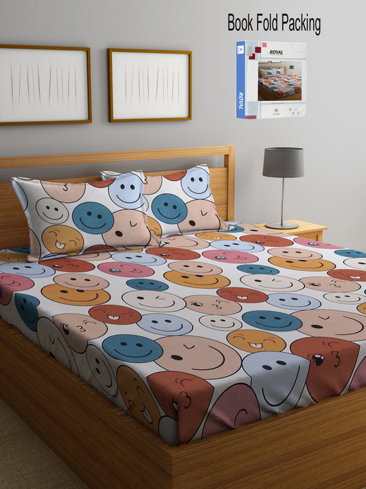 Klotthe Multi Cartoon Print 300 TC Cotton Blend Double Bed Sheet with 2 Pillow Covers in Book Fold Packing