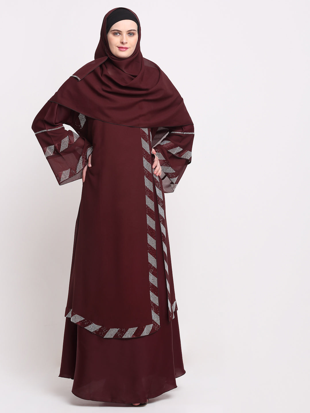 Klotthe Women Maroon Embellished Burqa With Scarves