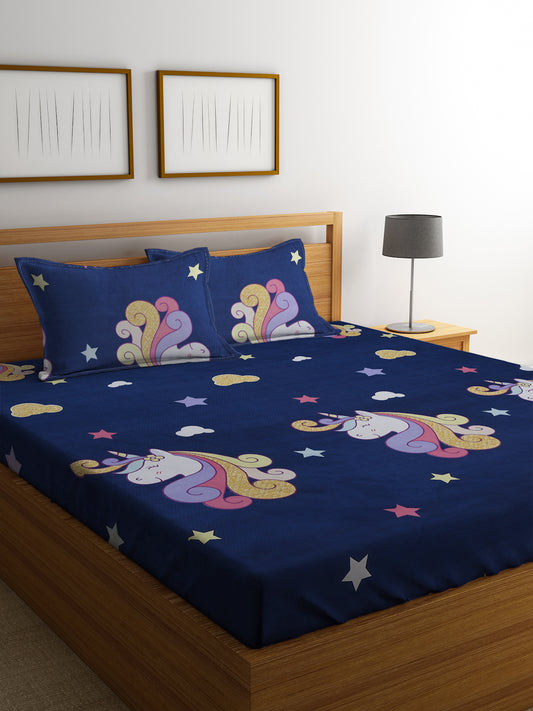 Klotthe Blue Cartoon Characters 300 TC Cotton Blend Double Bedsheet with 2 Pillow Covers