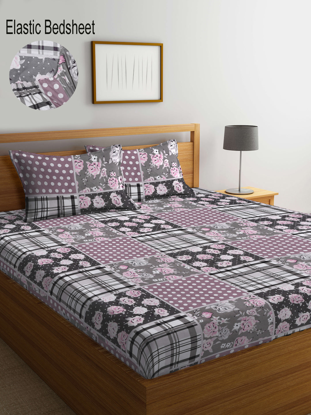 Klotthe Multi Floral 300 TC Cotton Blend Elasticated Super King Double Bedsheet with 2 Pillow Covers (270X270 cm)