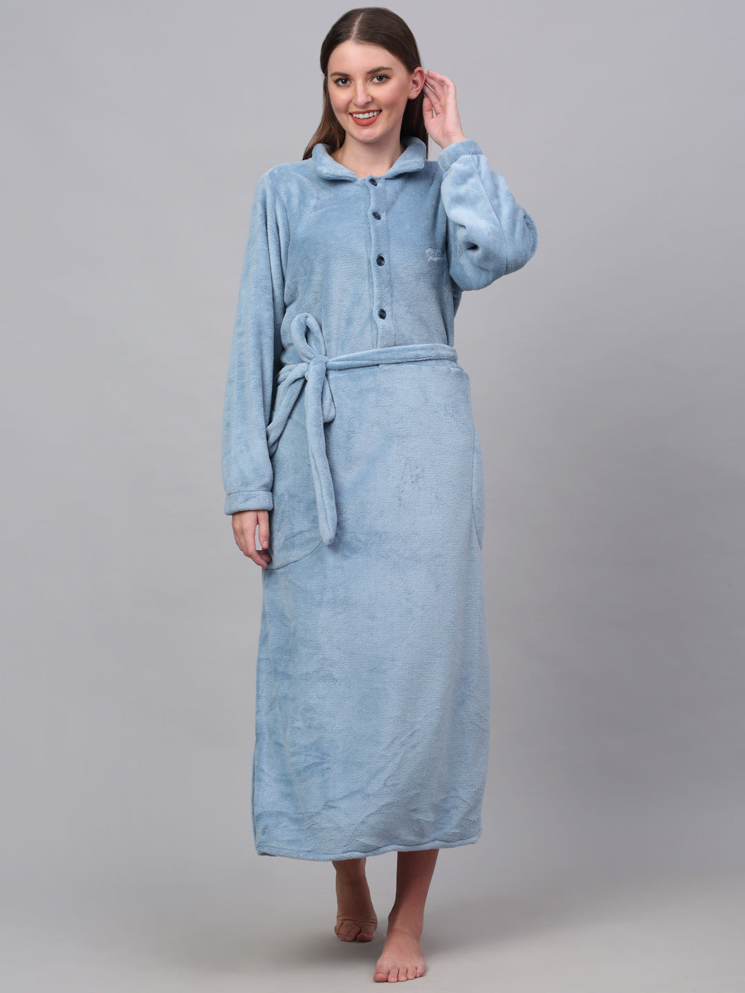 Klotthe Women Blue Solid Bath Robe With Belt