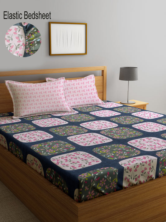 Klotthe Multicolor Floral 300 TC Cotton Blend Fitted Double Bedsheet with 2 Pillow Covers