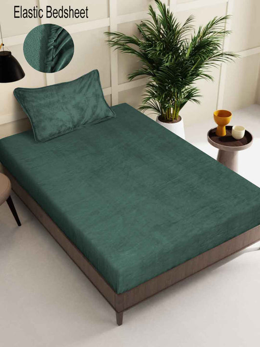 Klotthe Green Solid Woolen Fitted Single Bed Sheet with Pillow Cover