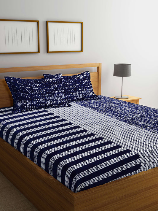 Klotthe Blue Printed Woolen Double Bed Sheet with 2 Pillow Covers