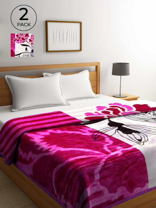 KLOTTHE Set of 2 Magenta Wool Floral Double King Blankets (240X200 cm) 730 GSM