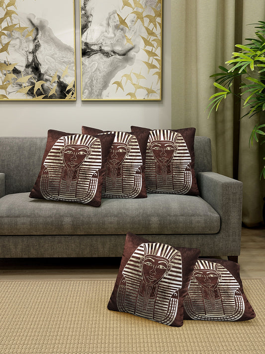 Klotthe Velvet Brown Colourblocked Set of 5 Cushion Cover (40X40 cm)