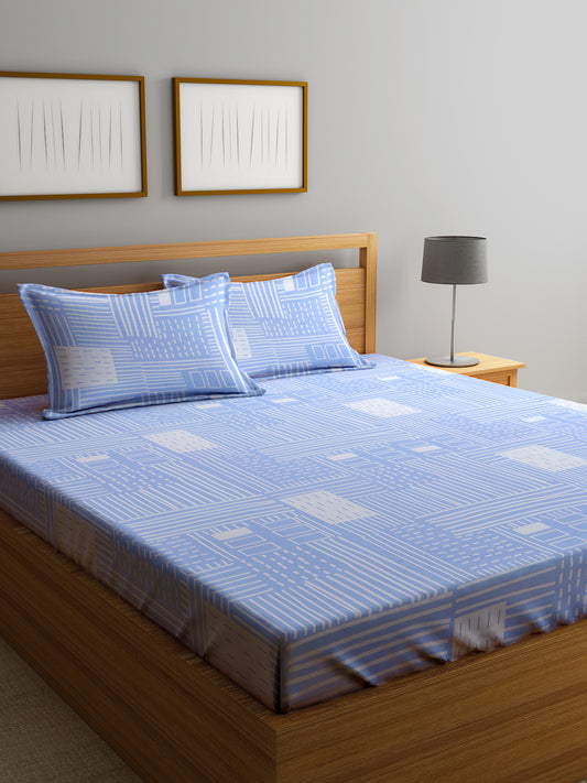 Klotthe Skyblue Geometric 300 TC Cotton Blend Double Bedsheet with 2 Pillow covers