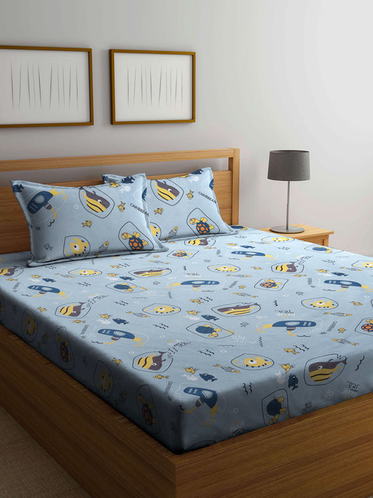 Klotthe Multicolor Cartoon Print Cotton Blend Elasticated Double BedSheet With 2 Pillow Covers