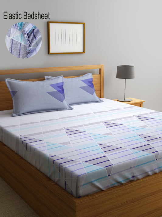 Klotthe Multicolor Geometric 400 TC Pure Cotton Fitted Super King Double Bedsheet with 2 Pillow covers (270X270 cm)