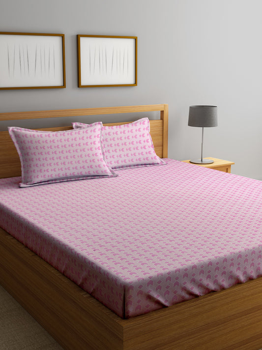 Klotthe Pink Geometric 300 TC Cotton Blend Double Bedsheet with 2 Pillow Covers