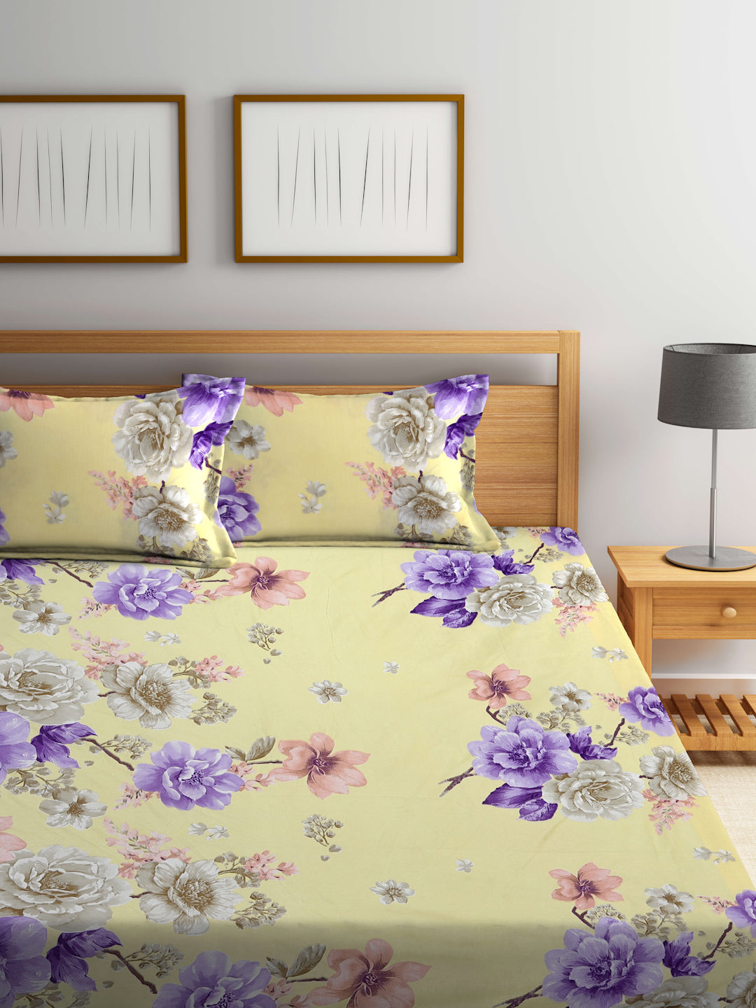 Klotthe Yellow Floral 300 TC Cotton Blend Fitted Double Bedsheet with 2 Pillow Covers in Book Fold Packing