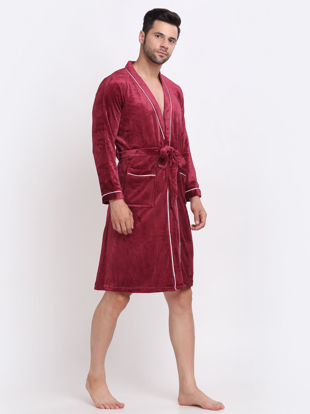 Klotthe Men Red Solid Wool Bath Robe With Belt