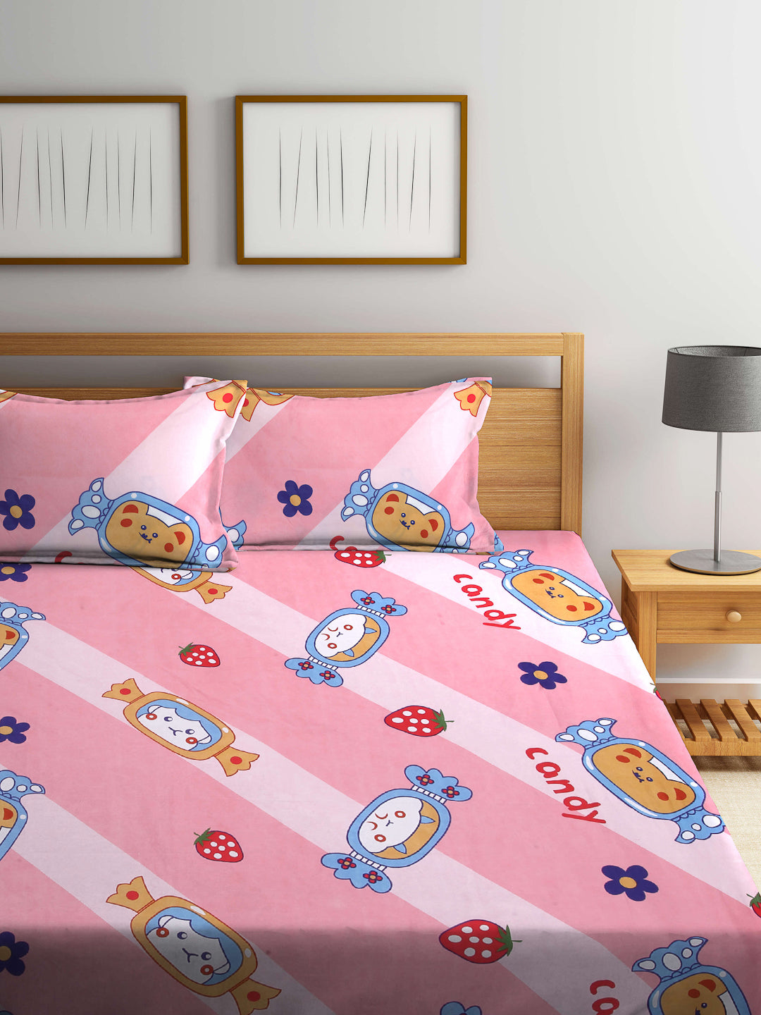 Klotthe Multicolor Cartoon Print Cotton Blend Elasticated Double BedSheet With 2 Pillow Covers