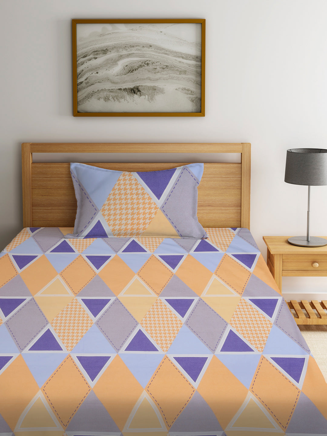 Klotthe Multi 210 TC Geometric Cotton Blend Single Bed Sheet with Pillow Cover