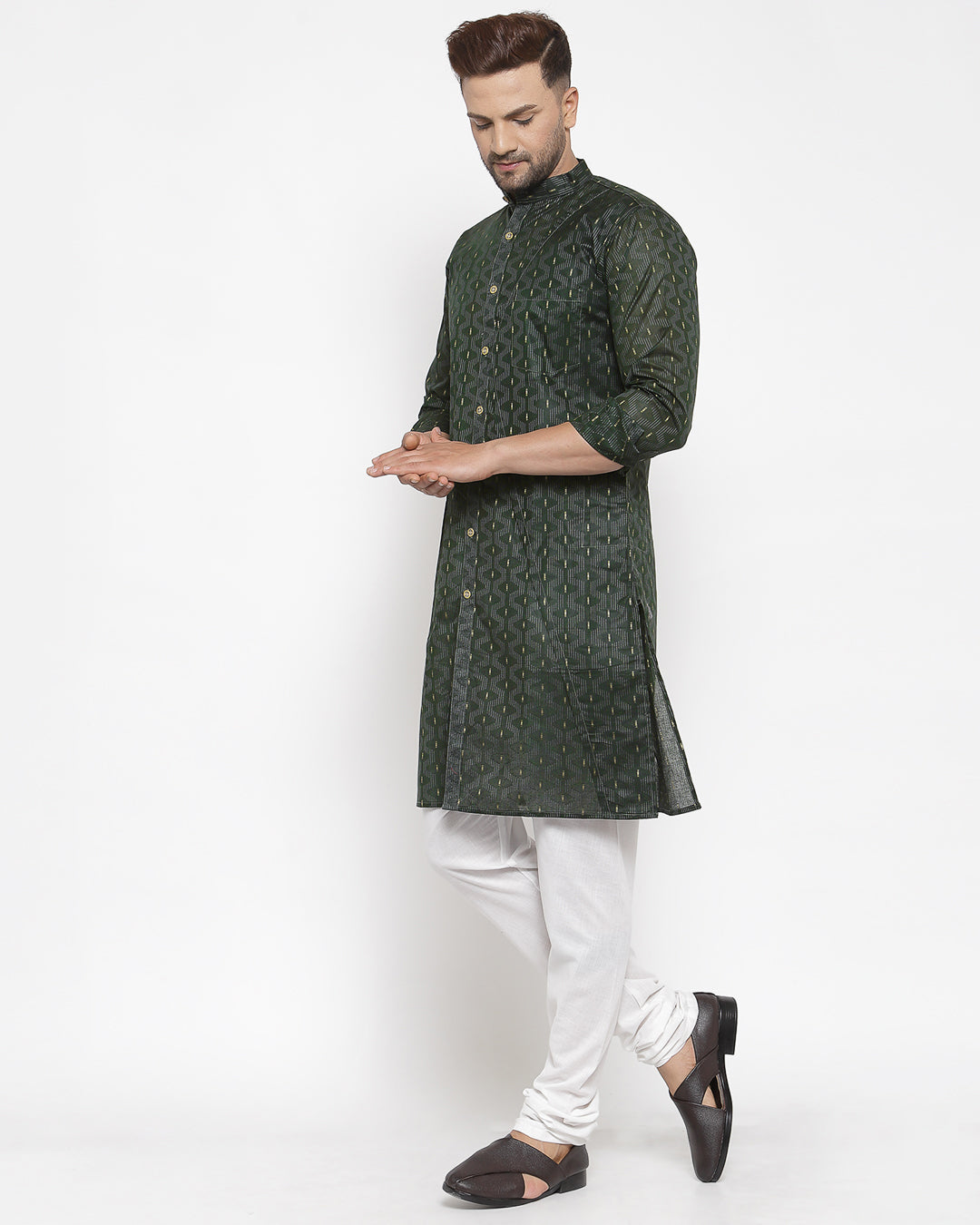 KLOTTHE Green Cotton Silk Geometric Kurta