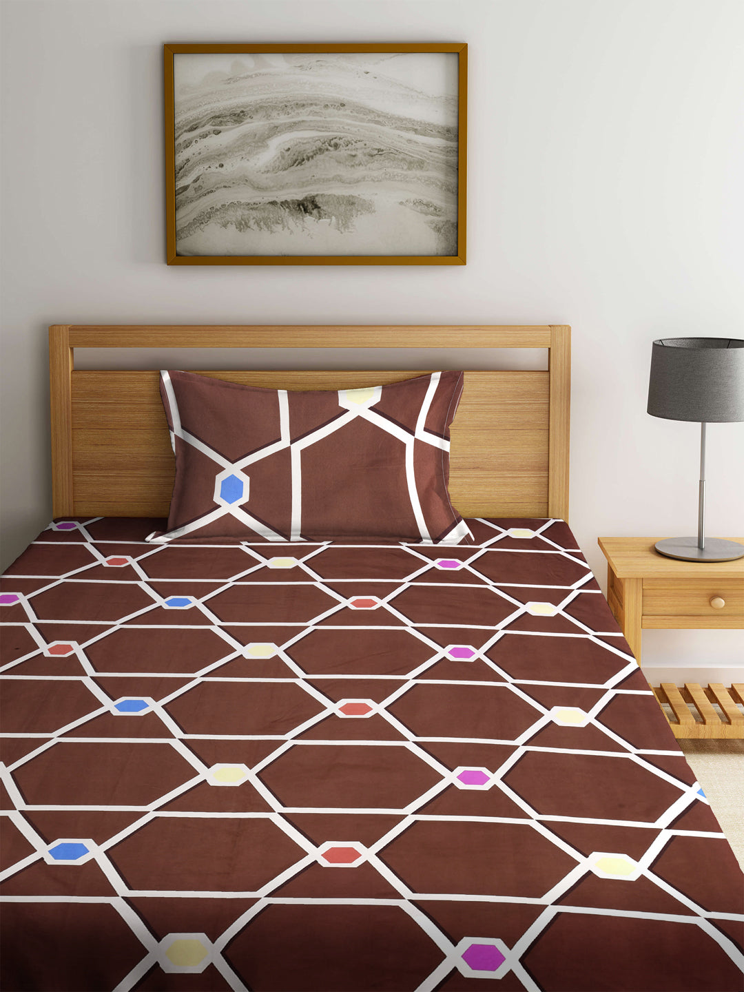 Klotthe Brown Geometric Cotton Blend Single Bedsheet with Pillow cover