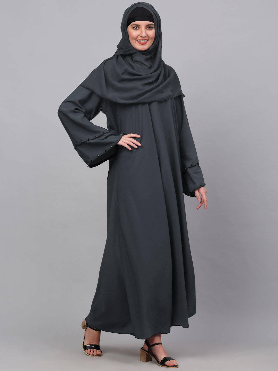 Klotthe Women Grey Embellished Burqa With Scarves