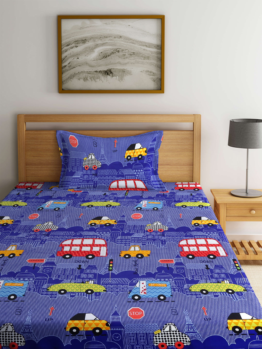 Klotthe Kids Blue Kids Print 300 TC Cotton Blend Elasticated Single Bedsheet with Pillow Cover