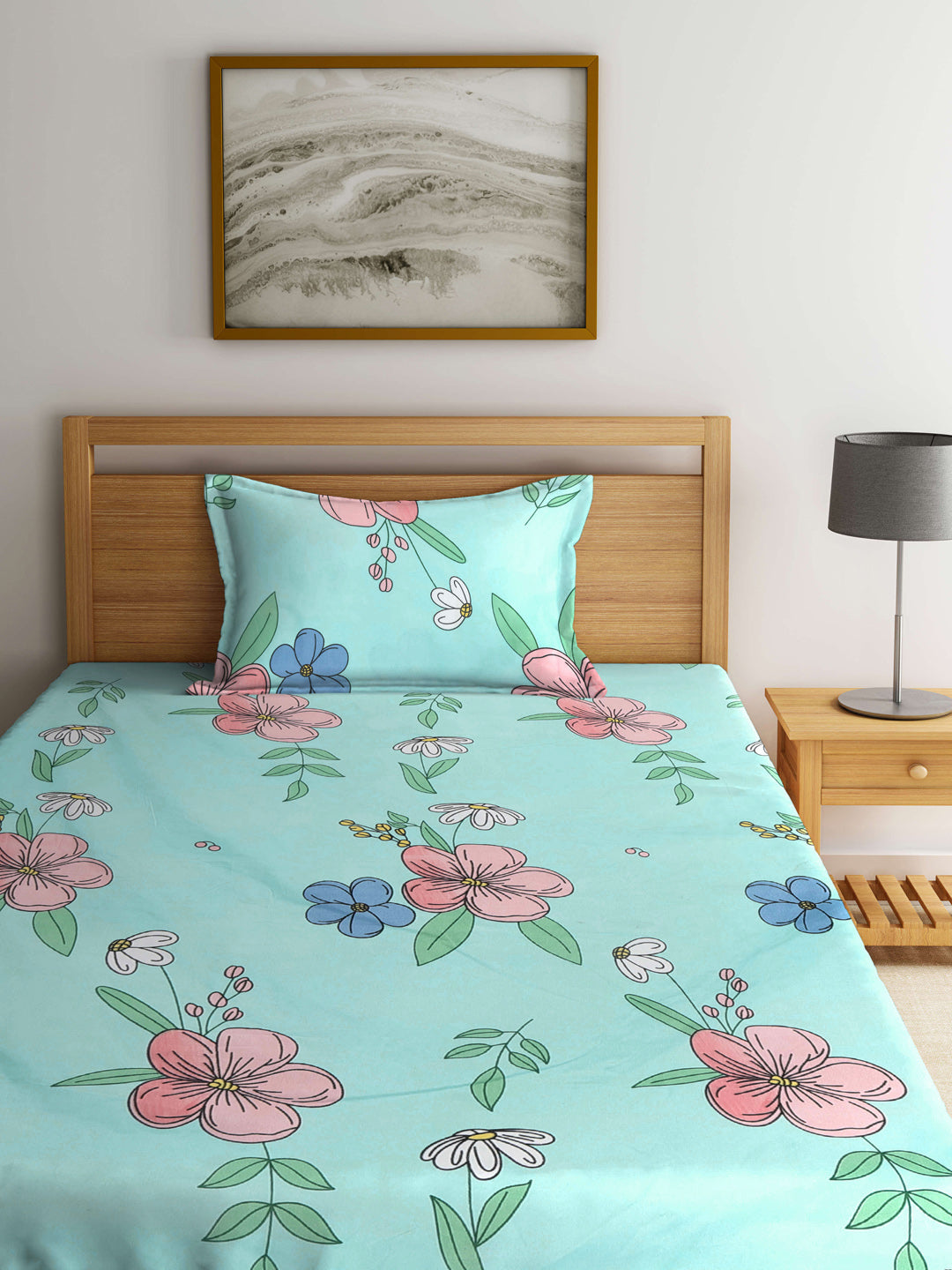 Klotthe Multicolor Floral 300 TC Cotton Blend Single Bedsheet with Pillow Cover