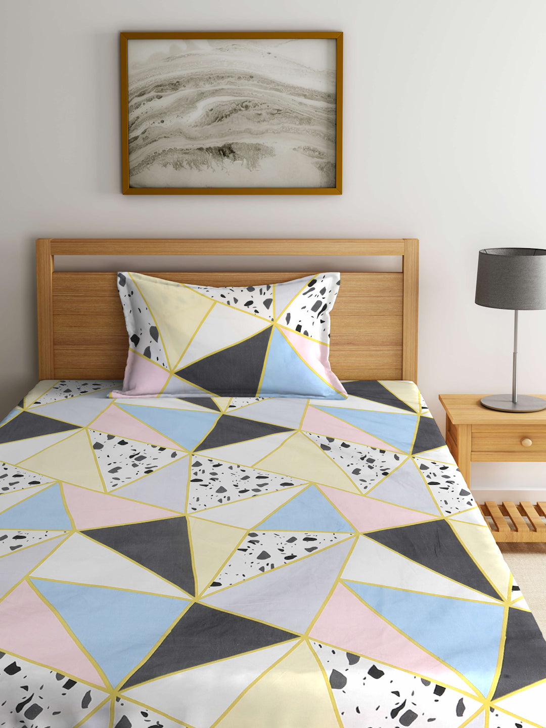 Klotthe Multicolor Geometric 300 TC Cotton Blend Single Bedsheet with Pillow Cover