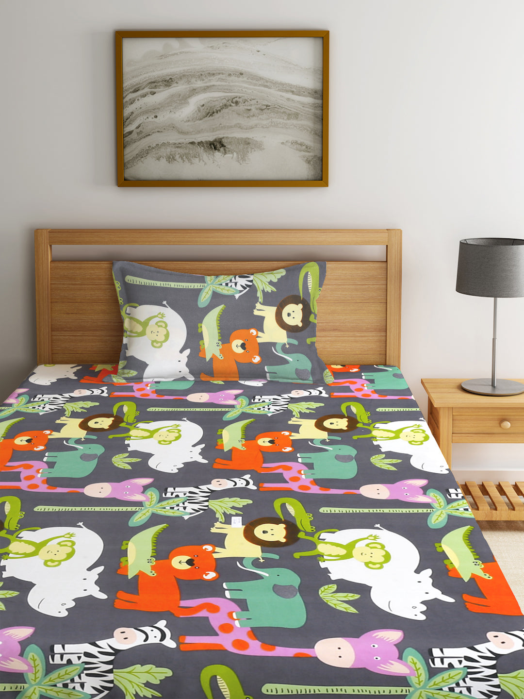 Klotthe Multicolor Cartoon Characters 300 TC Cotton Blend Single Bedsheet with Pillow Cover