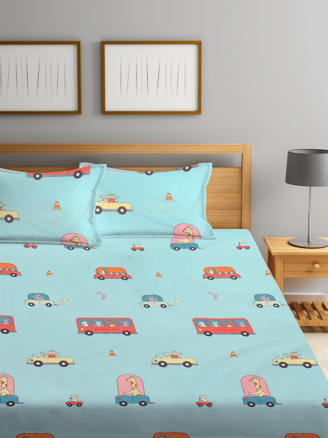 Klotthe Multi Cartoon Print 300 TC Cotton Blend Elasticated Double Bedsheet with 2 Pillow Cover in Book Fold Pack