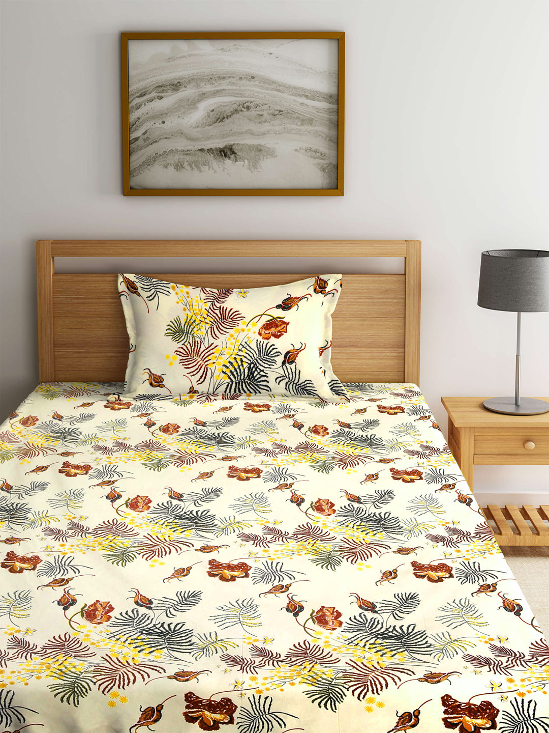 KLOTTHE Multi Polycotton Floral Single Bedsheet with 1 Pillow Cover (215X150 cm)