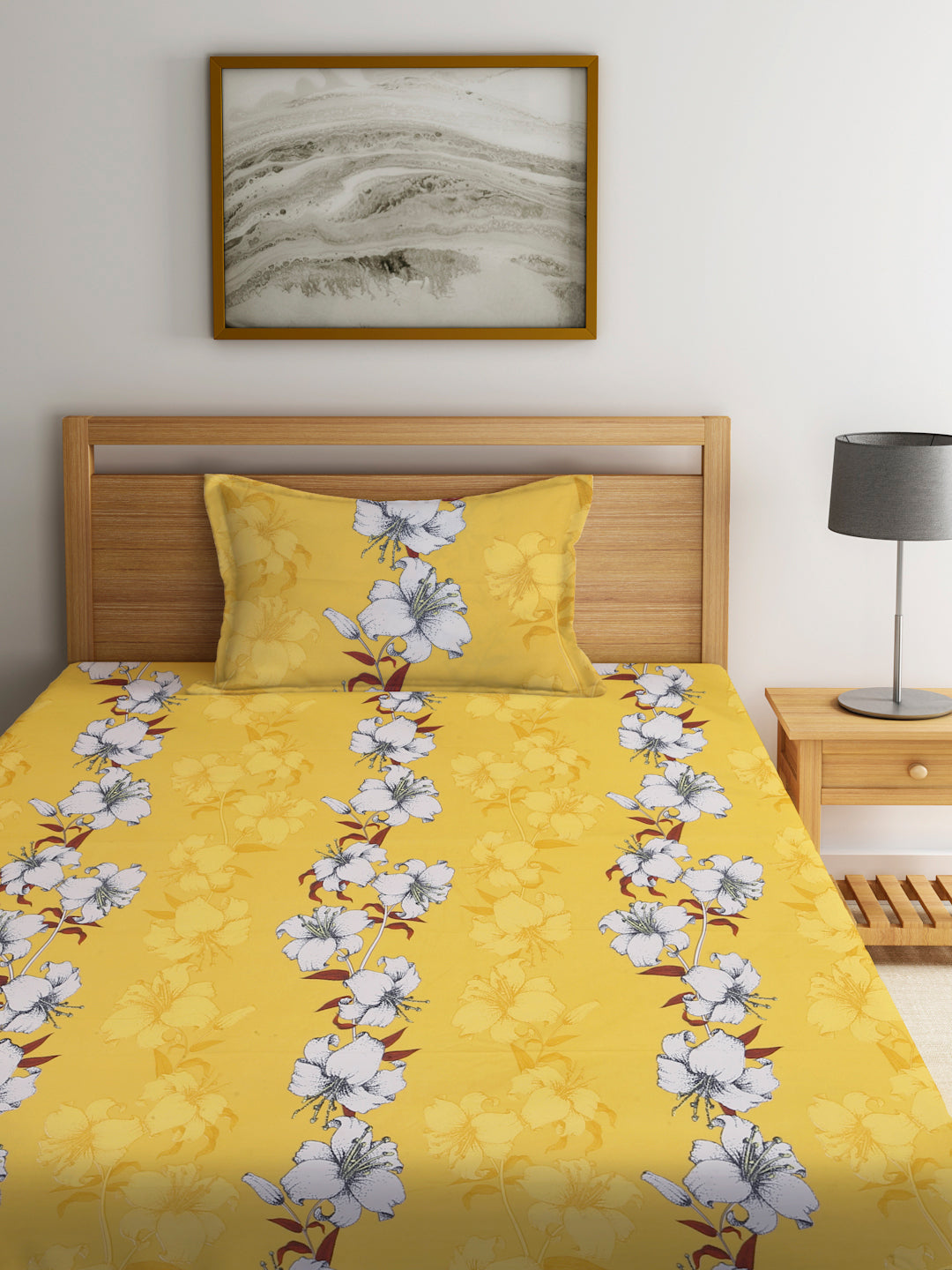 Klotthe Yellow 210 TC Floral Cotton Blend Single Bed Sheet with Pillow Cover