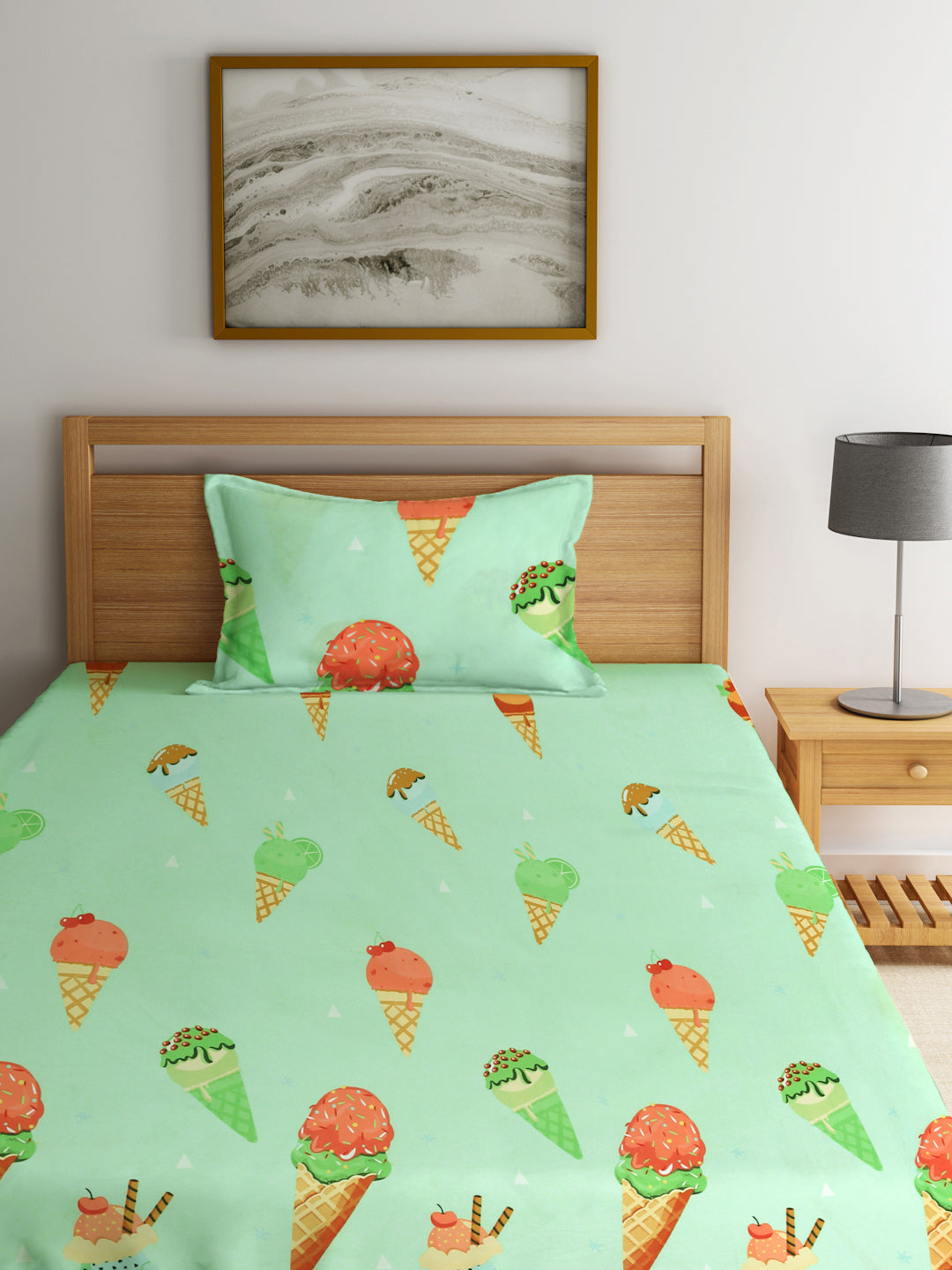 Klotthe Multicolor Cartoon Characters Cotton Blend 300 TC Fitted Single Bedsheet with Pillow Cover