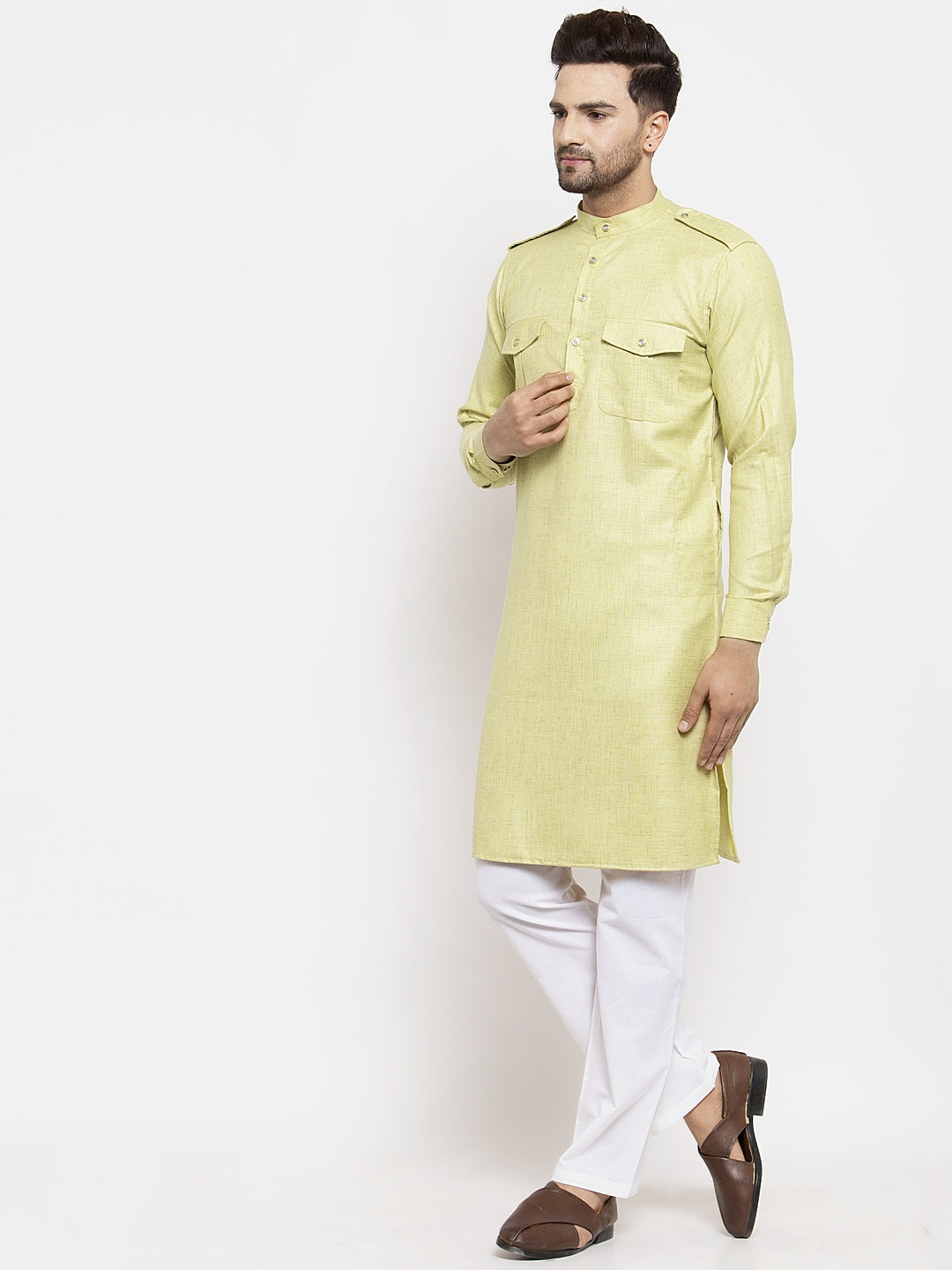 Klotthe Green Mandarin Collar Solid Cotton Kurta