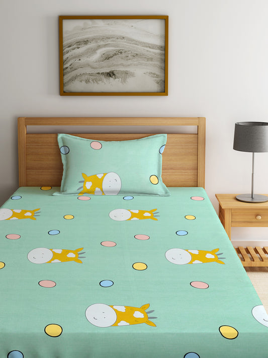 Klotthe Multicolor Cartoon Characters 300 TC Cotton Blend Single Bedsheet with Pillow Cover