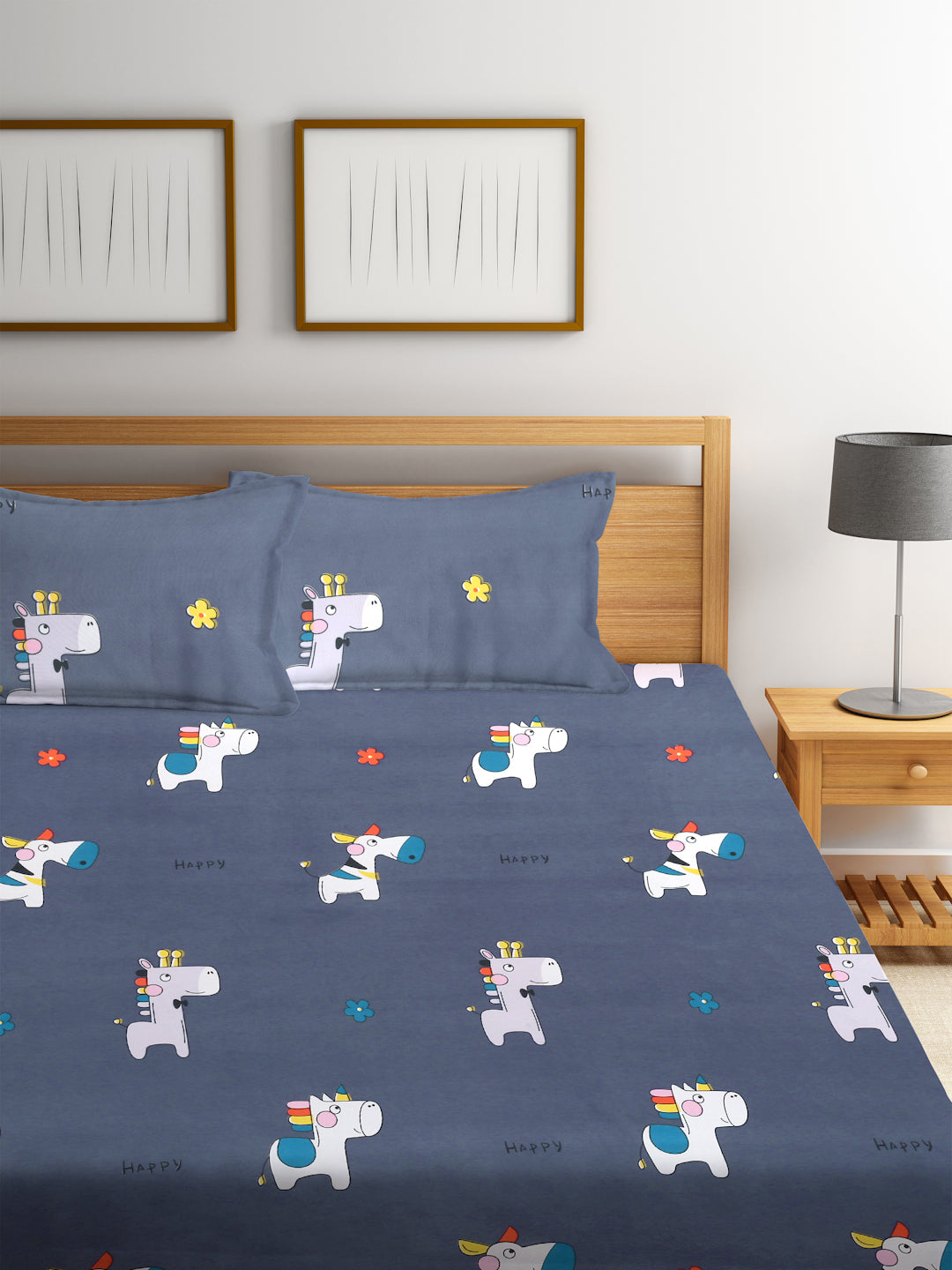 Klotthe Multi Cartoon Print 300 TC Cotton Blend Double Bed Sheet with 2 Pillow Covers in Book Fold Packing