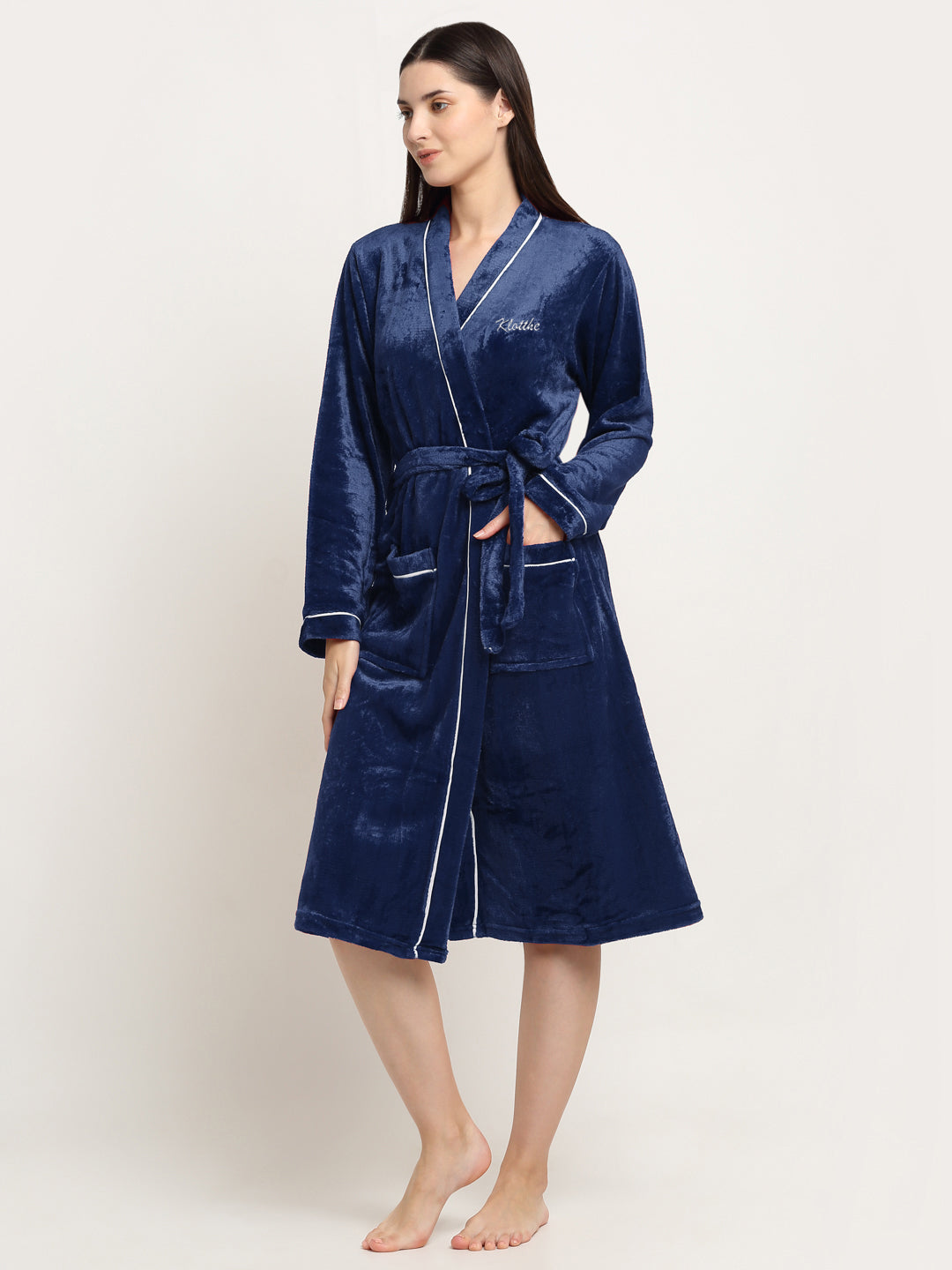 Klotthe Women Blue Solid Wool Bath Robe With Belt