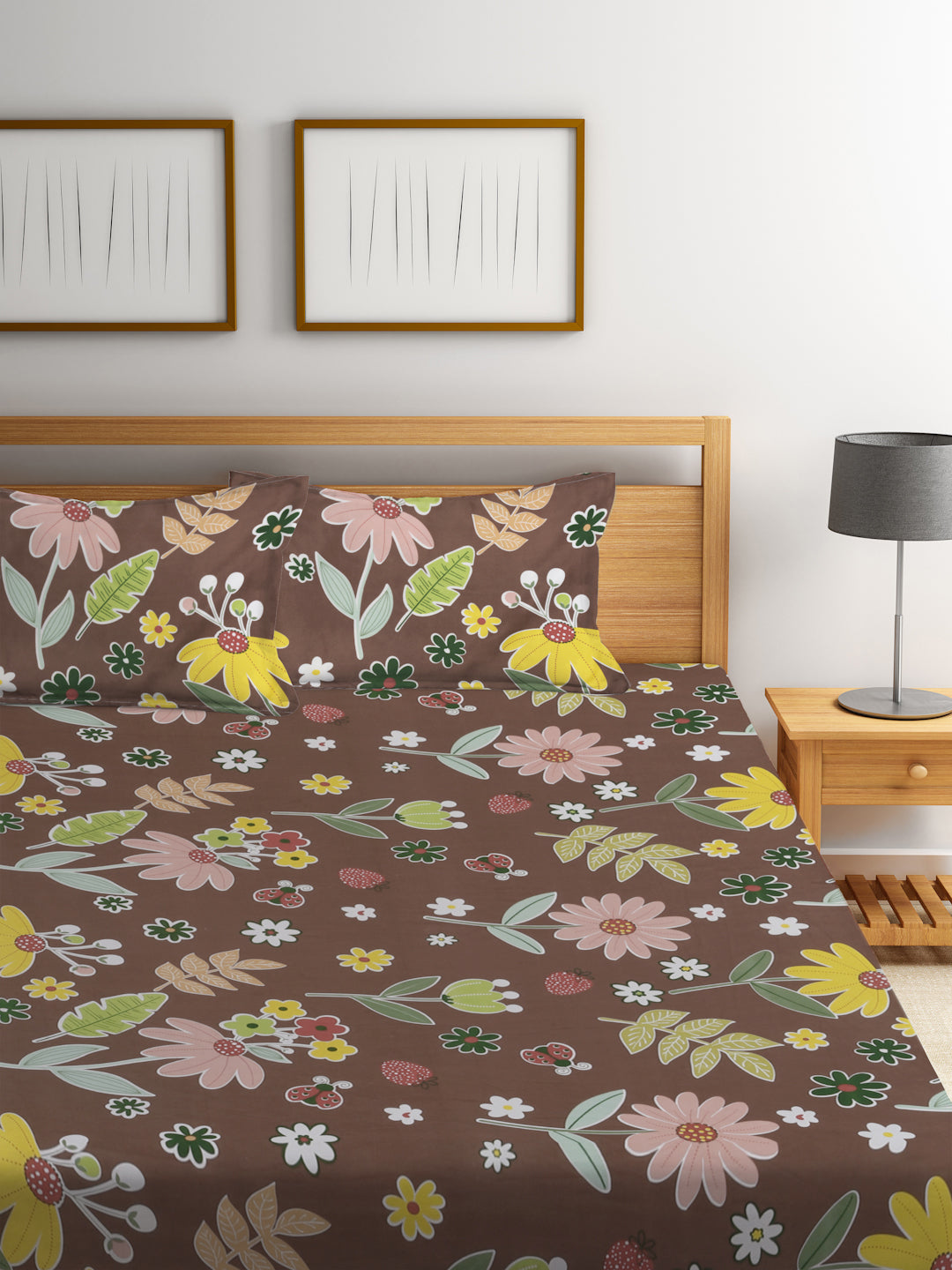 Klotthe Multicolor Floral 300 TC Cotton Blend Fitted Double Bedsheet with 2 Pillow Covers