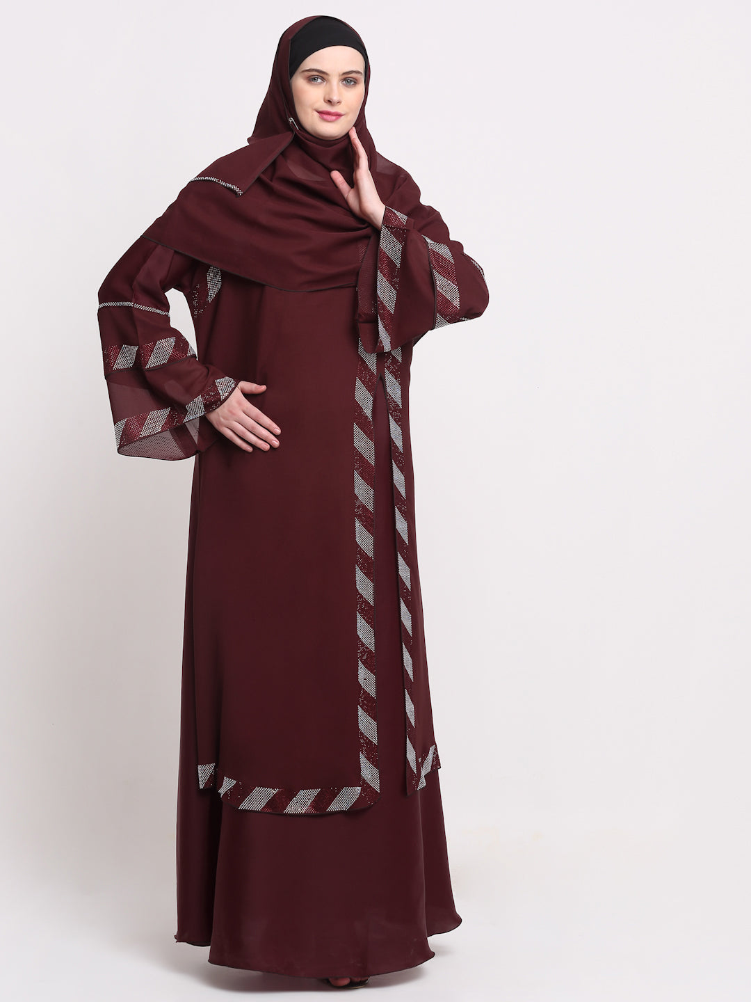 Klotthe Women Maroon Embellished Burqa With Scarves