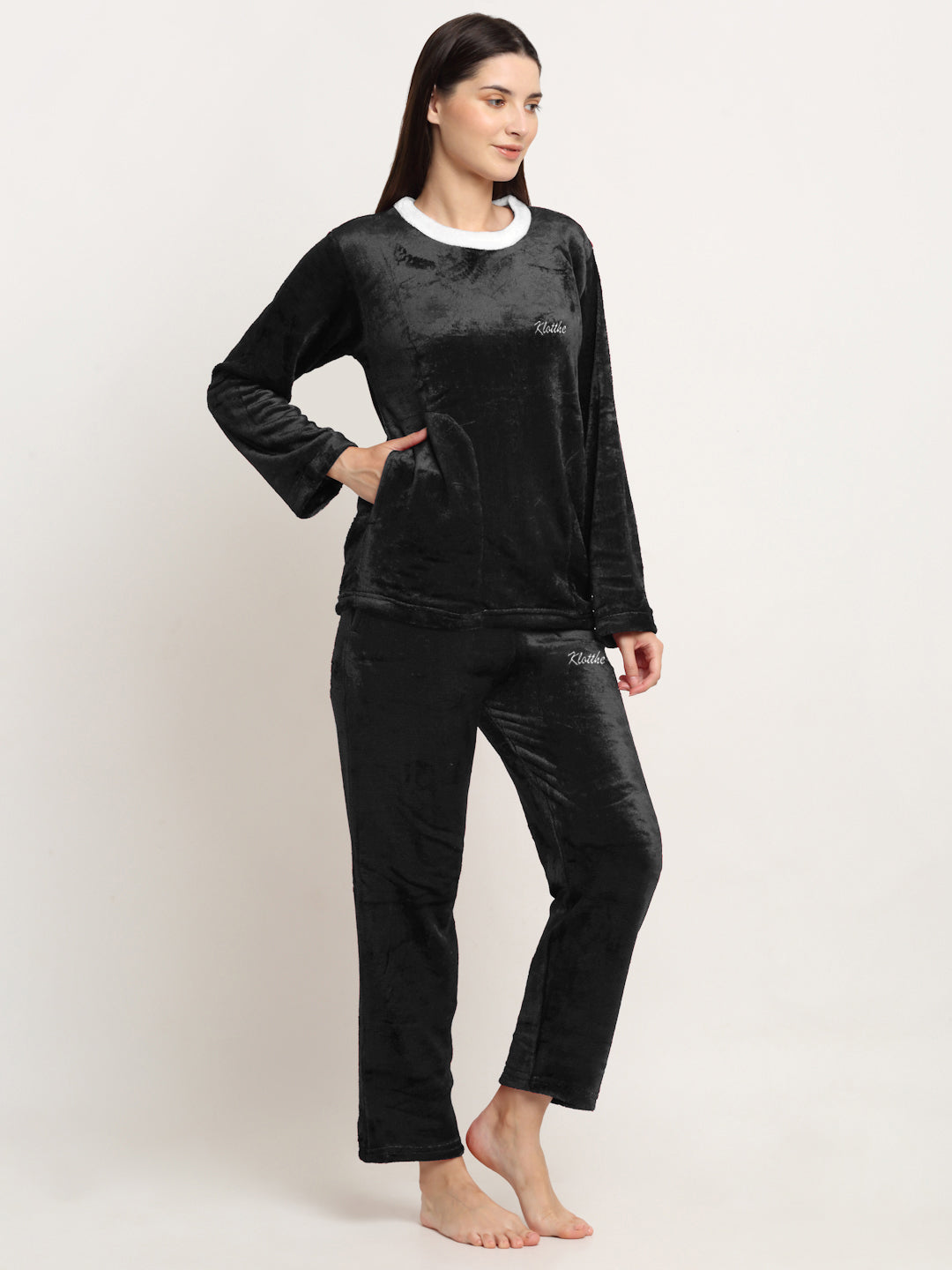 Klotthe Women Black Solid Wool Blend Night Suit